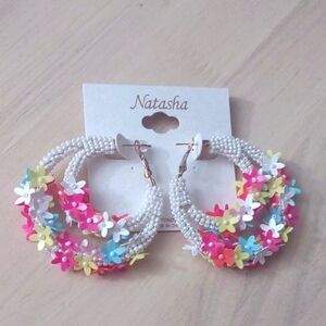 Natasha Sequin Flowers White Beaded Gold Hoop Earrings Y2k